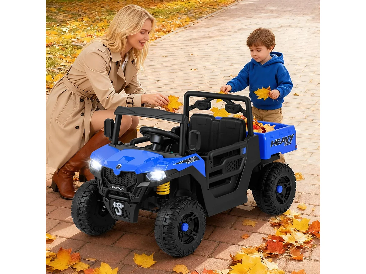 Camion Benne Électrique 12V avec Benne Basculante Télécommande Musique Histoire Lumières LED & Suspension à Ressort pour 3-8 Ans Bleu