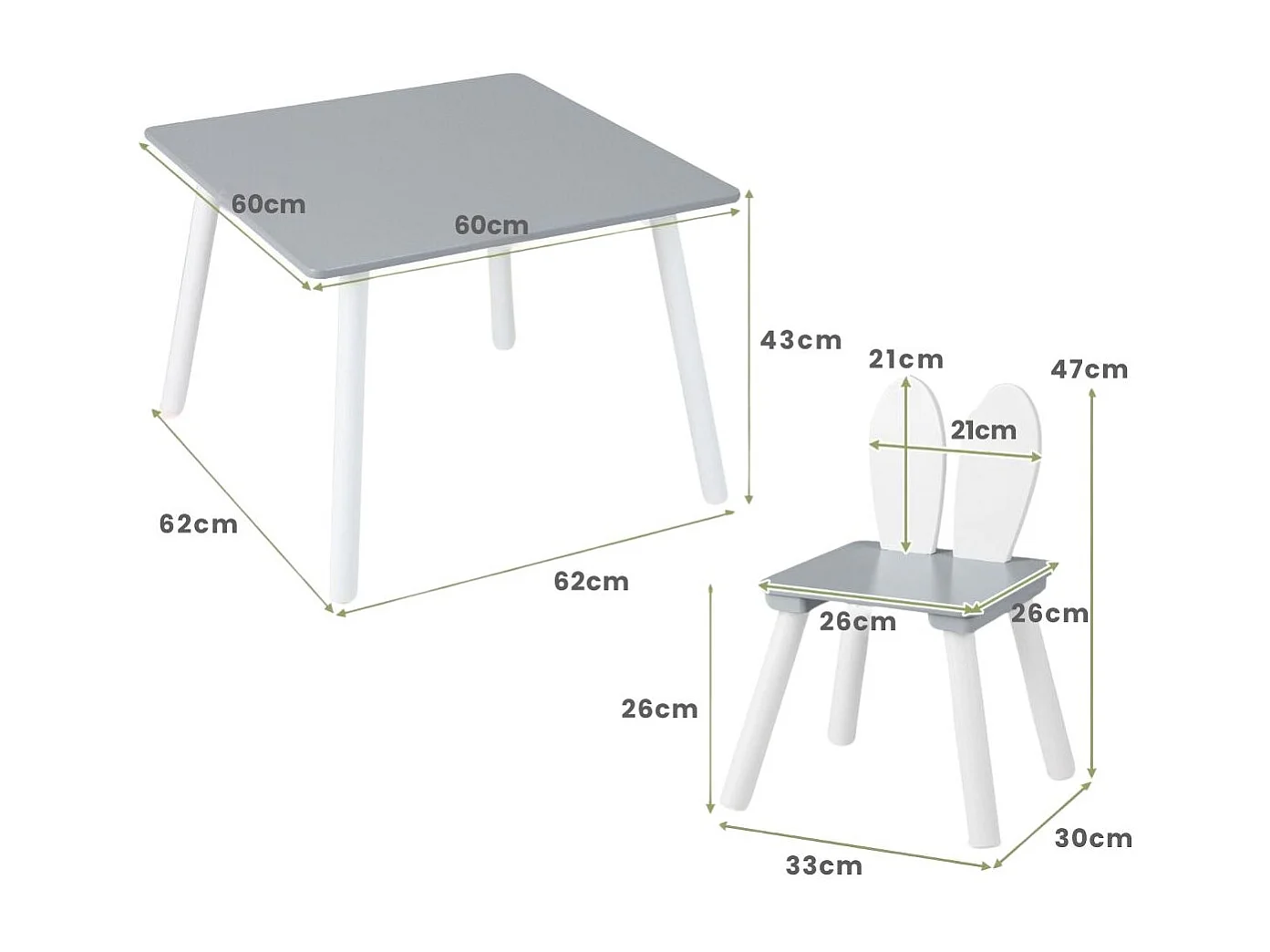 Table et 2 Chaises Enfants 3-6 Ans en Forme Lapin Chaises Ergonomique pour pour Jouer Dessiner Manger Gris