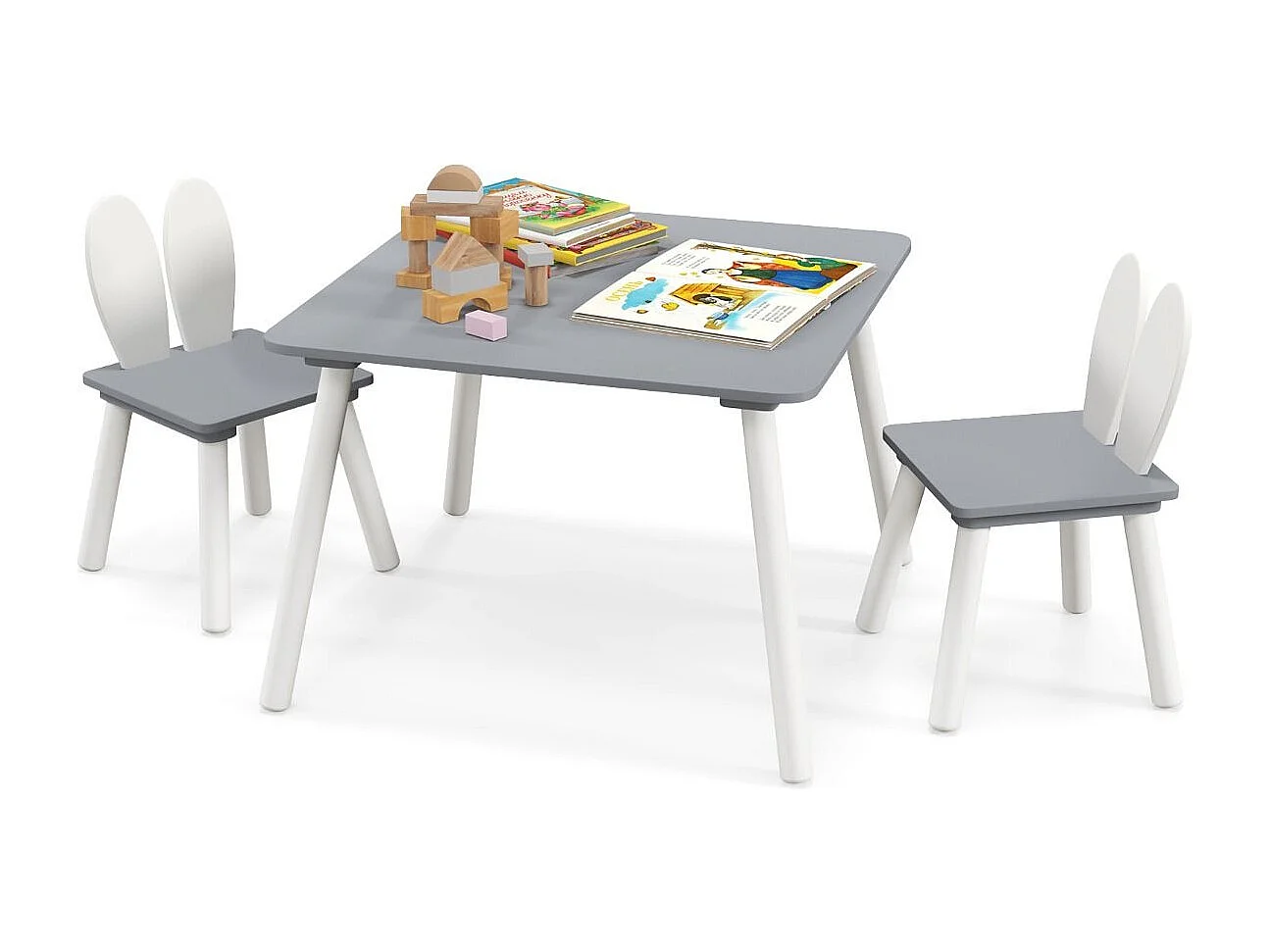 Table et 2 Chaises Enfants 3-6 Ans en Forme Lapin Chaises Ergonomique pour pour Jouer Dessiner Manger Gris