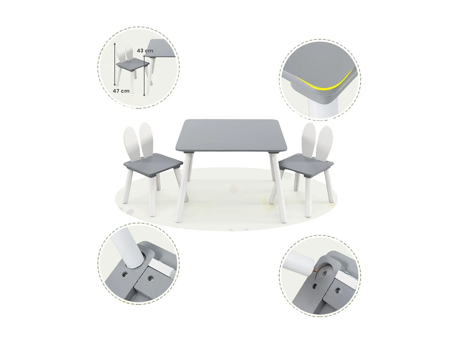 Table et 2 Chaises Enfants 3-6 Ans en Forme Lapin Chaises Ergonomique pour pour Jouer Dessiner Manger Gris