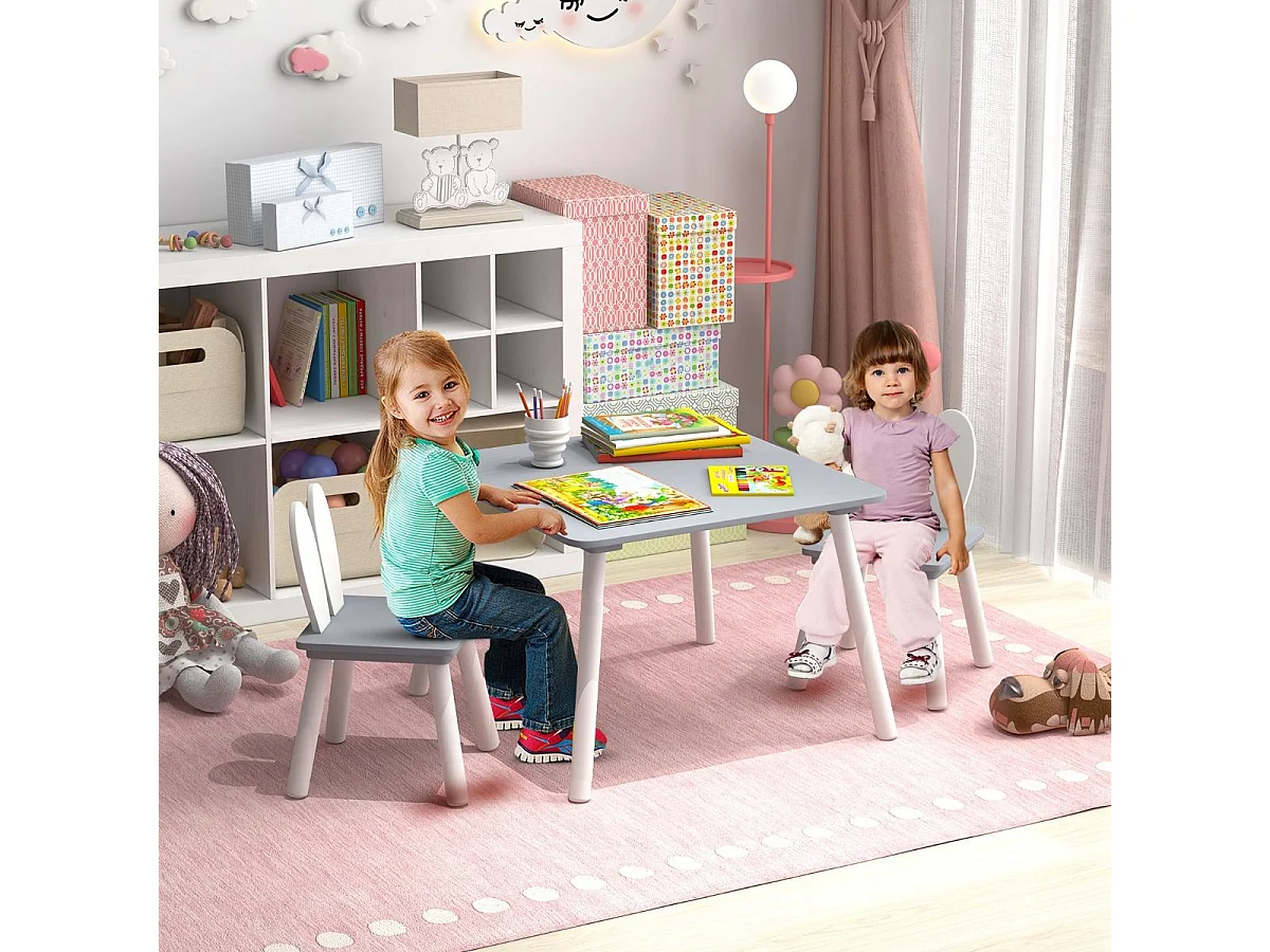 Table et 2 Chaises Enfants 3-6 Ans en Forme Lapin Chaises Ergonomique pour pour Jouer Dessiner Manger Gris