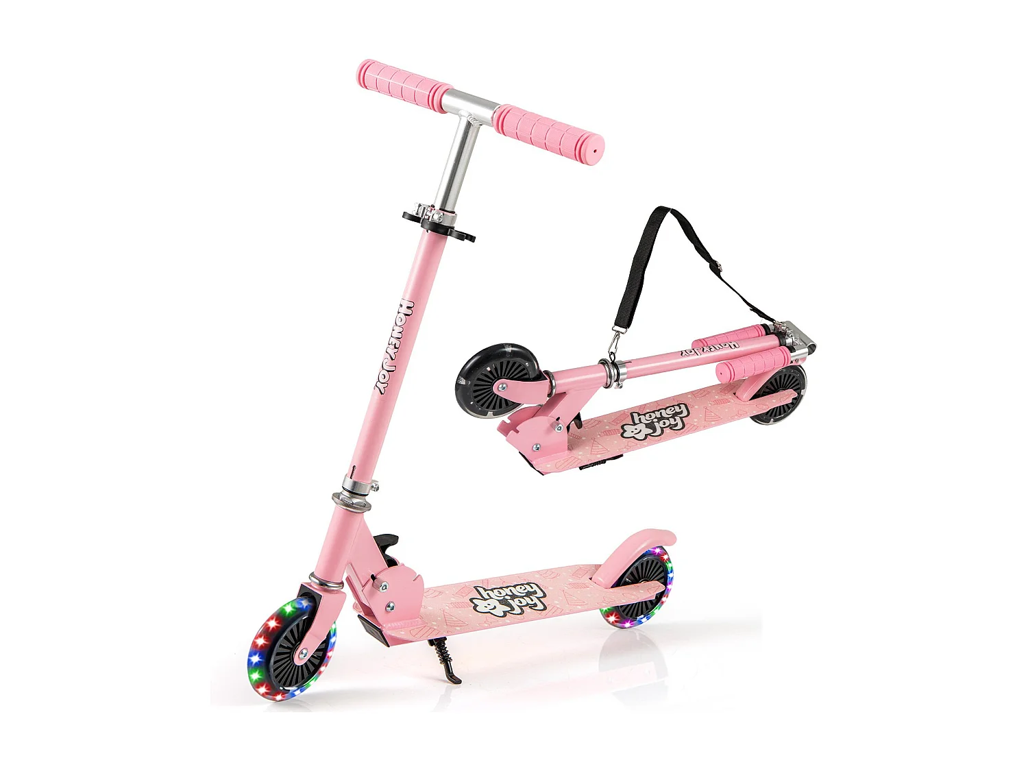 Trottinette Pliable pour Enfants à 2 Roues avec Guidon Réglable Roues Lumineuses LED Béquille Frein Arrière pour 3+ Rose