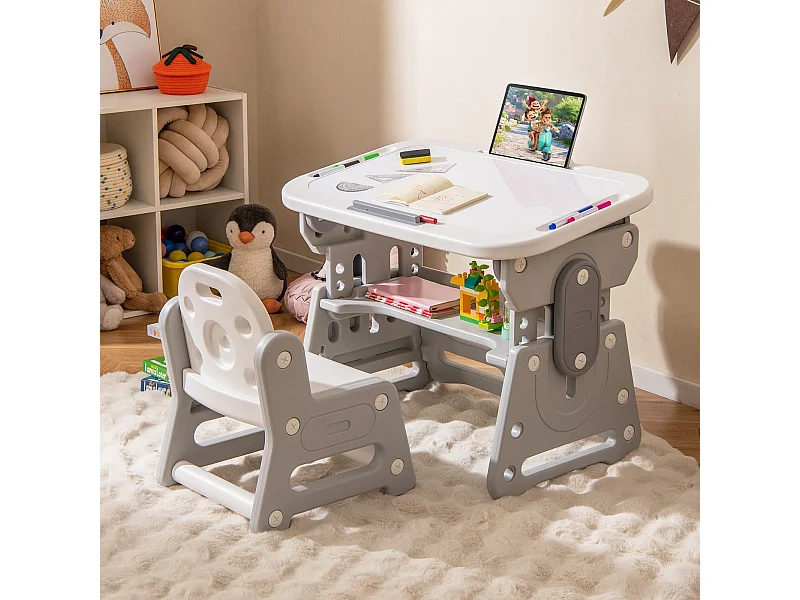 Kindertisch mit Stuhl Höhenverstellbare Kindersitzgruppe mit Neigbarem Whiteboard Grau