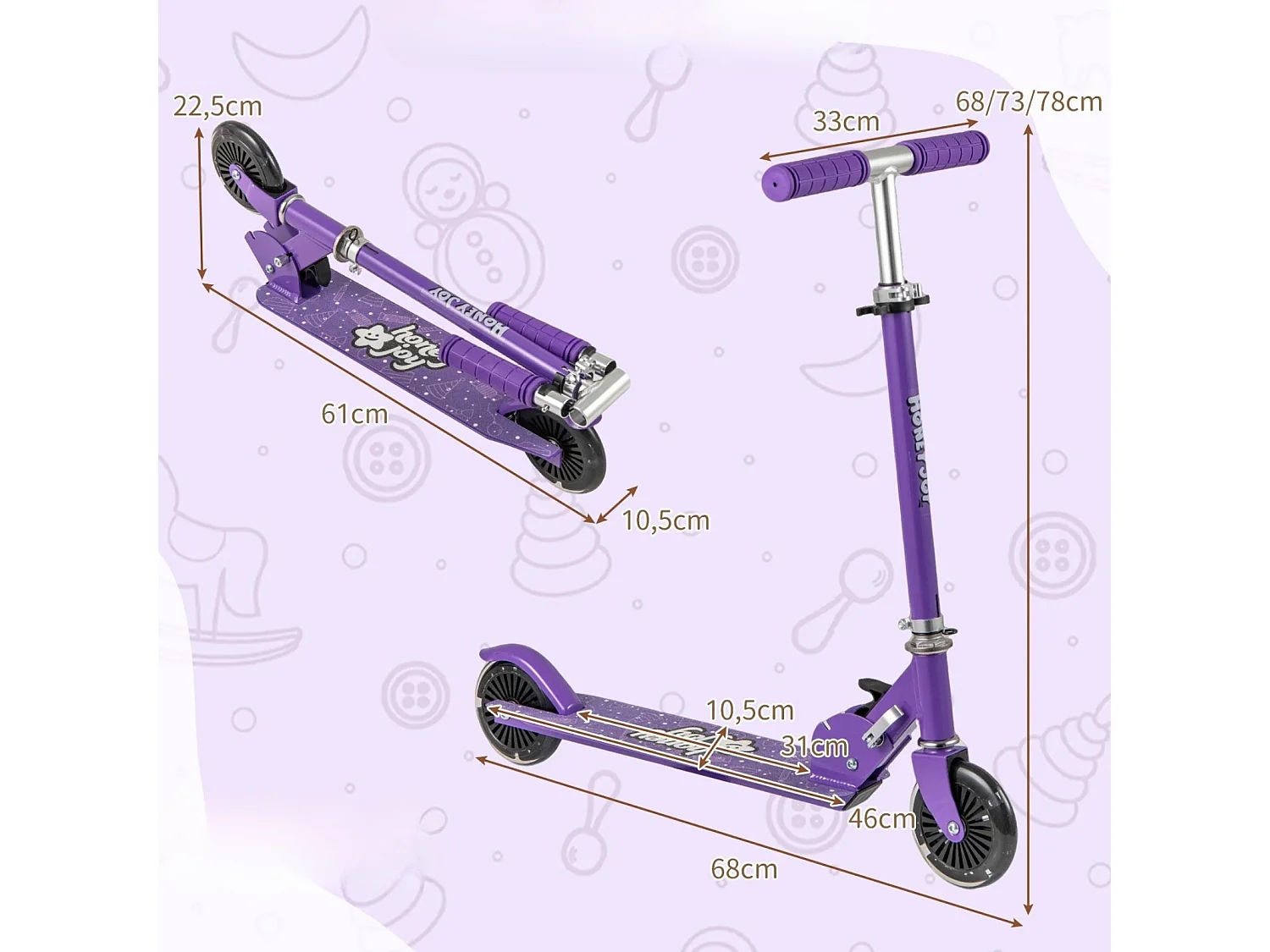 Trottinette Pliable pour Enfants à 2 Roues avec Guidon Réglable Roues Lumineuses LED Béquille Frein Arrière pour 3+ Violet