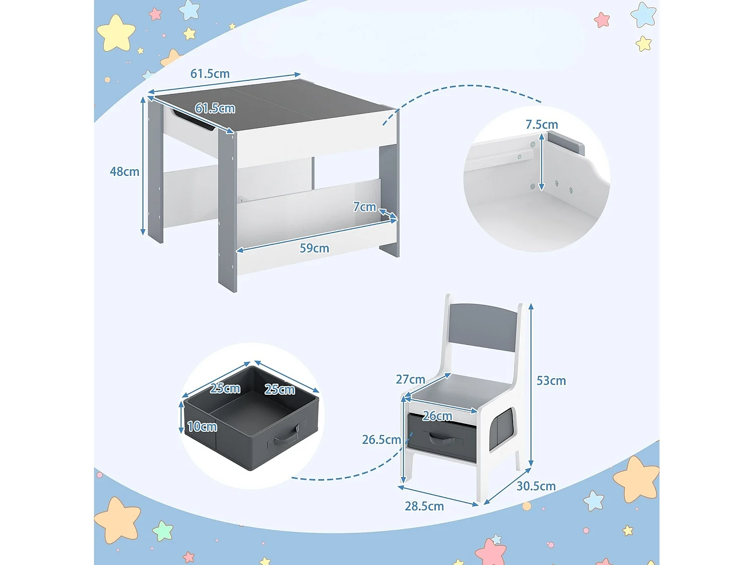 Set 4 in 1 di tavolo e sedie per bambini con piano d'appoggio bifacciale e librerie laterali Grigio