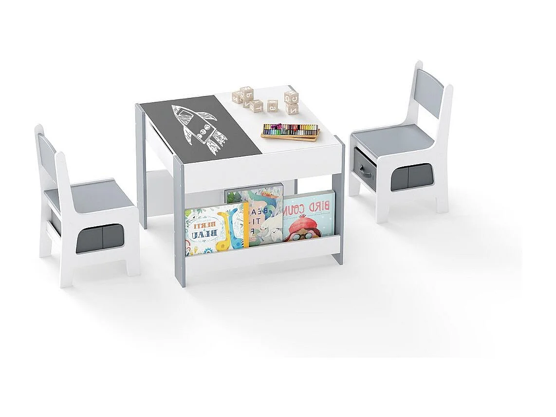 Set 4 in 1 di tavolo e sedie per bambini con piano d'appoggio bifacciale e librerie laterali Grigio