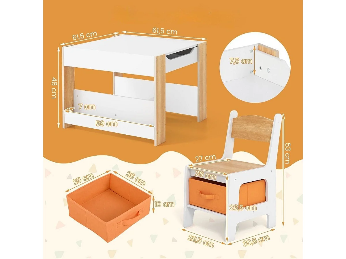 Ensemble de Table et Chaises pour Enfants 3 PCS Table d'Activités 4 en 1 avec Plateau Réversible Étagères à Livres Naturel