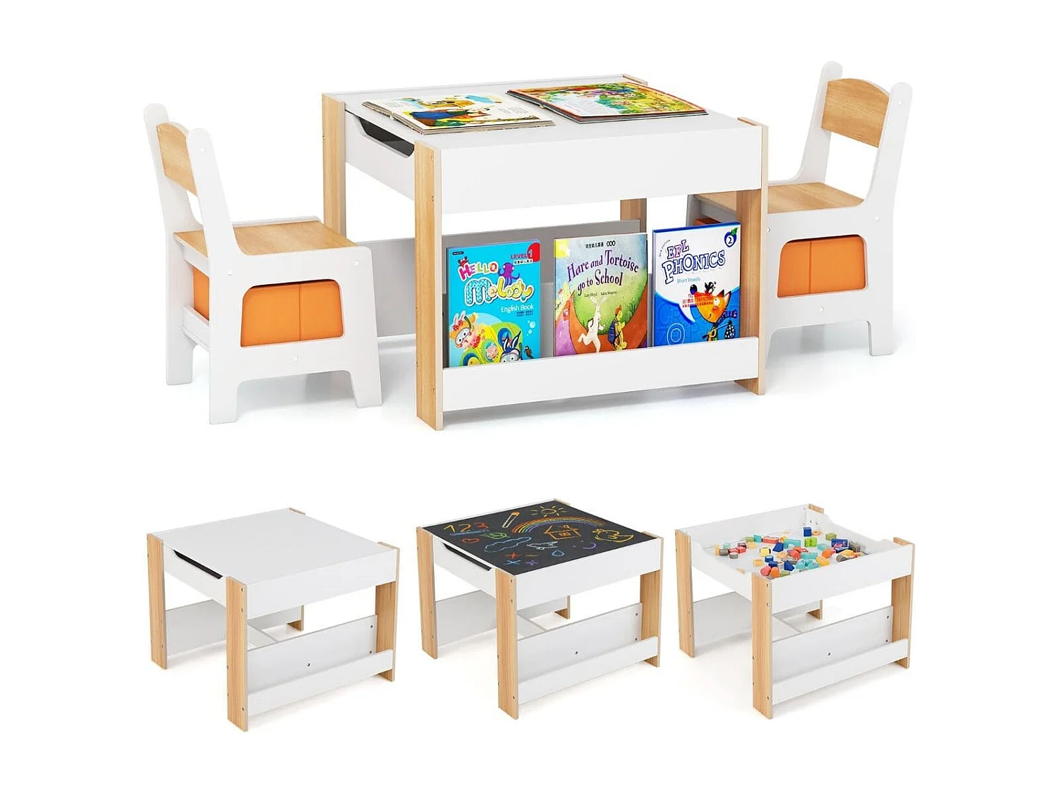 Ensemble de Table et Chaises pour Enfants 3 PCS Table d'Activités 4 en 1 avec Plateau Réversible Étagères à Livres Naturel