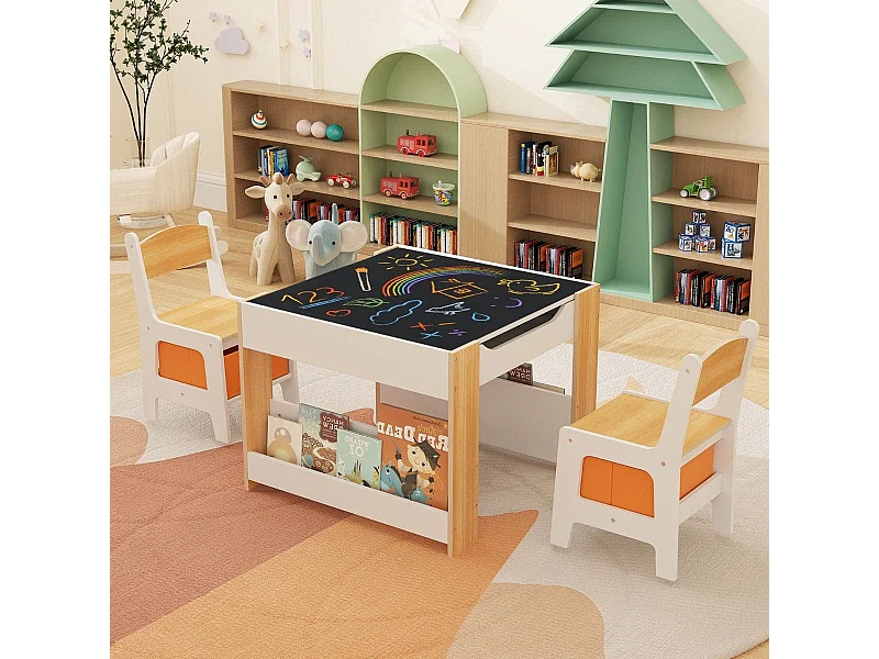 Ensemble de Table et Chaises pour Enfants 3 PCS Table d'Activités 4 en 1 avec Plateau Réversible Étagères à Livres Naturel