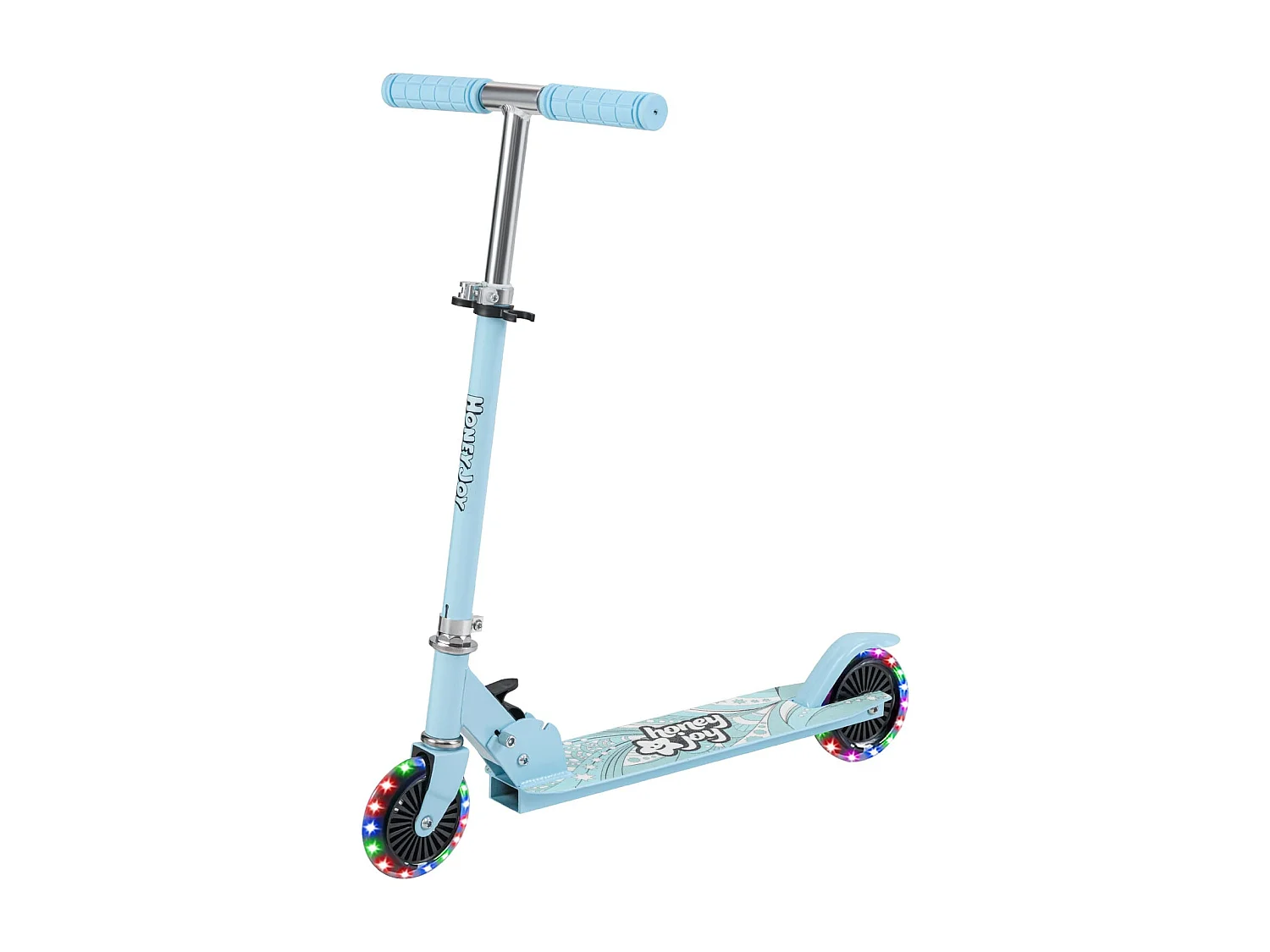 Trottinette Enfant Pliable 2 Roues Clignotantes Automatiques Hauteur Réglable Poignée TPR Alliage d'Aluminium 3-8 Ans Bleu Clair