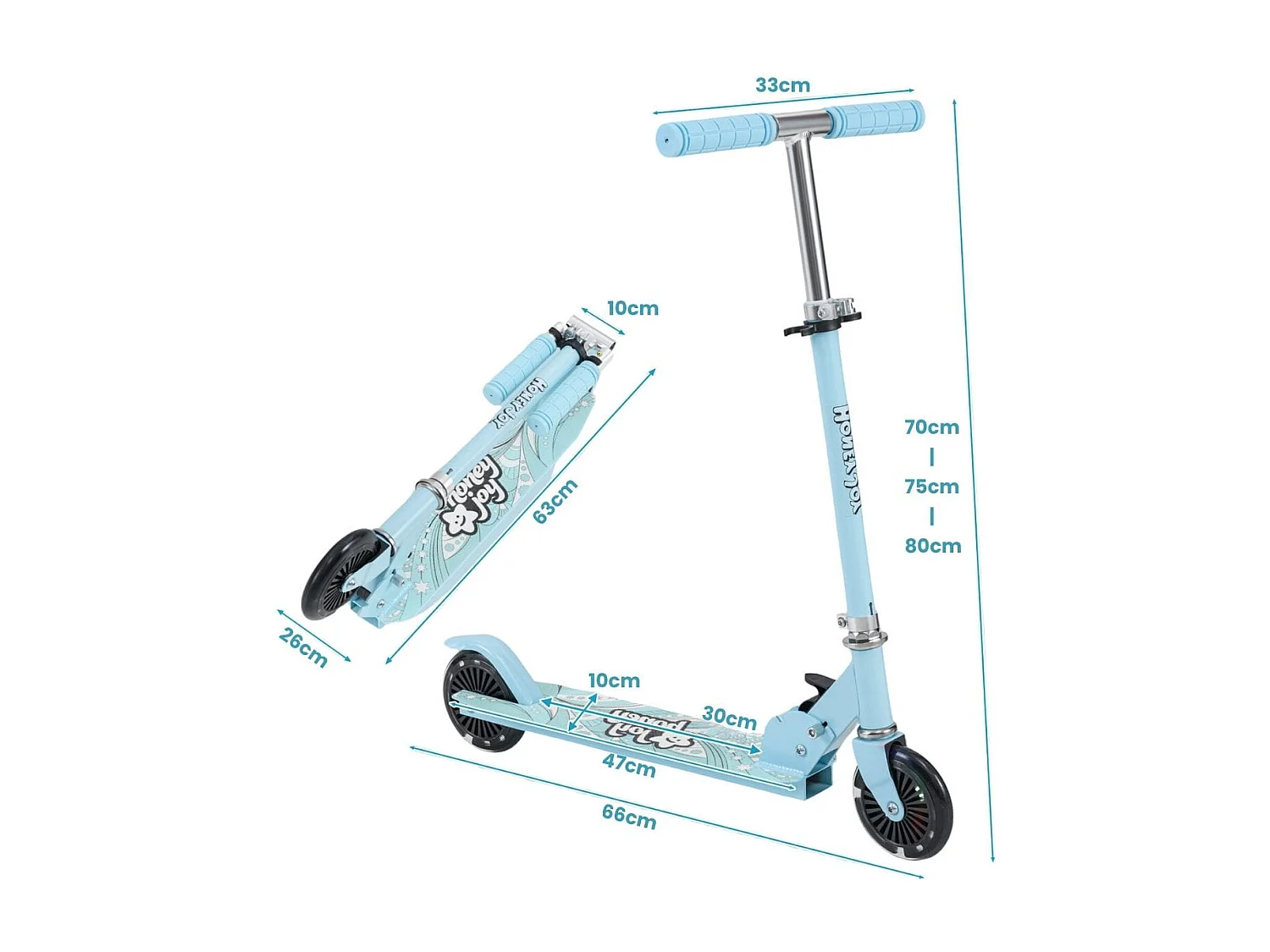 Trottinette Enfant Pliable 2 Roues Clignotantes Automatiques Hauteur Réglable Poignée TPR Alliage d'Aluminium 3-8 Ans Bleu Clair
