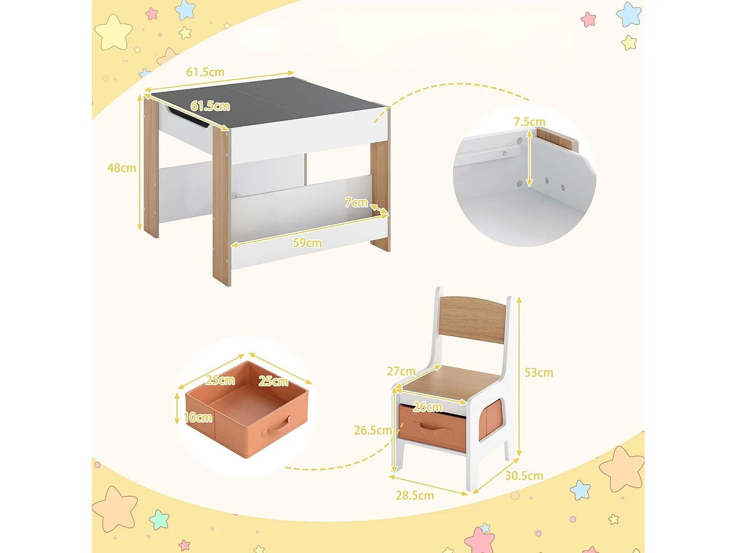 Set di tavoli e sedie per bambini 4 in 1 con piani d'appoggio bifacciali e librerie laterali Natura