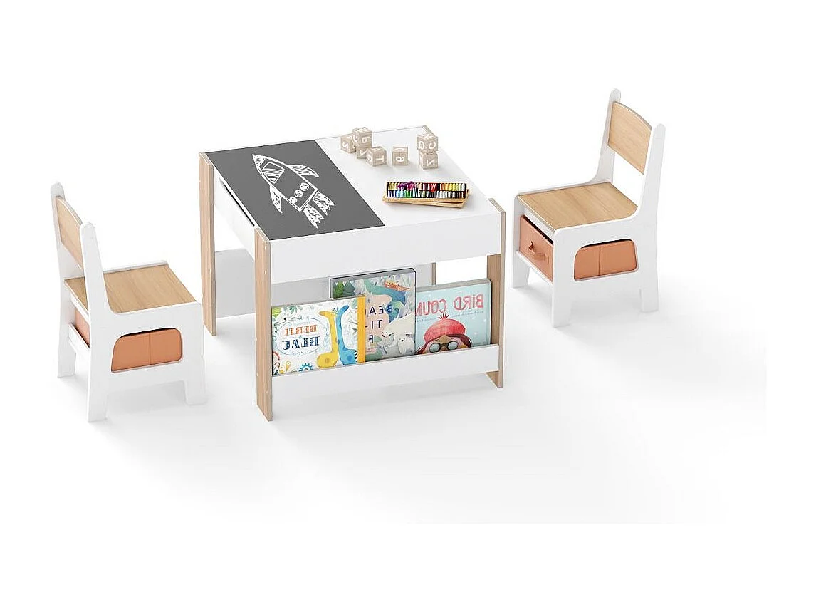 Set di tavoli e sedie per bambini 4 in 1 con piani d'appoggio bifacciali e librerie laterali Natura