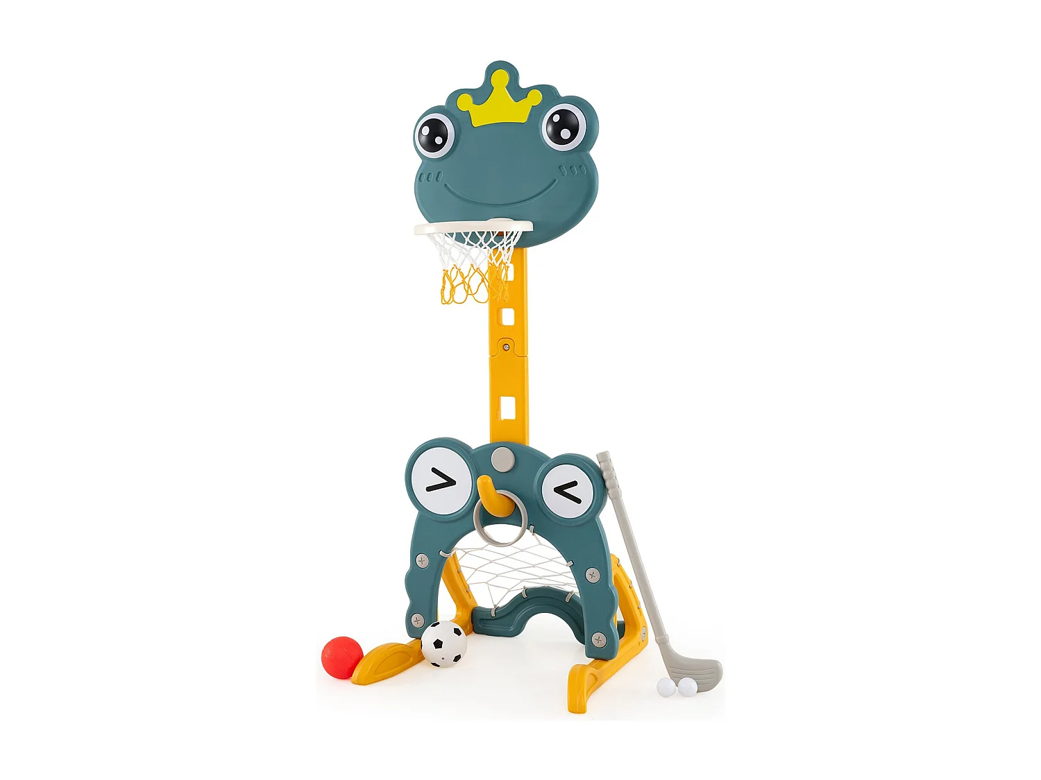 Panier de basket 4 en 1 Centre d'activités avec panier But de football Lancer d'anneaux & golf Pied de basket réglable en hauteur Vert