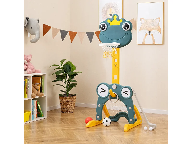 Panier de basket 4 en 1 Centre d'activités avec panier But de football Lancer d'anneaux & golf Pied de basket réglable en hauteur Vert