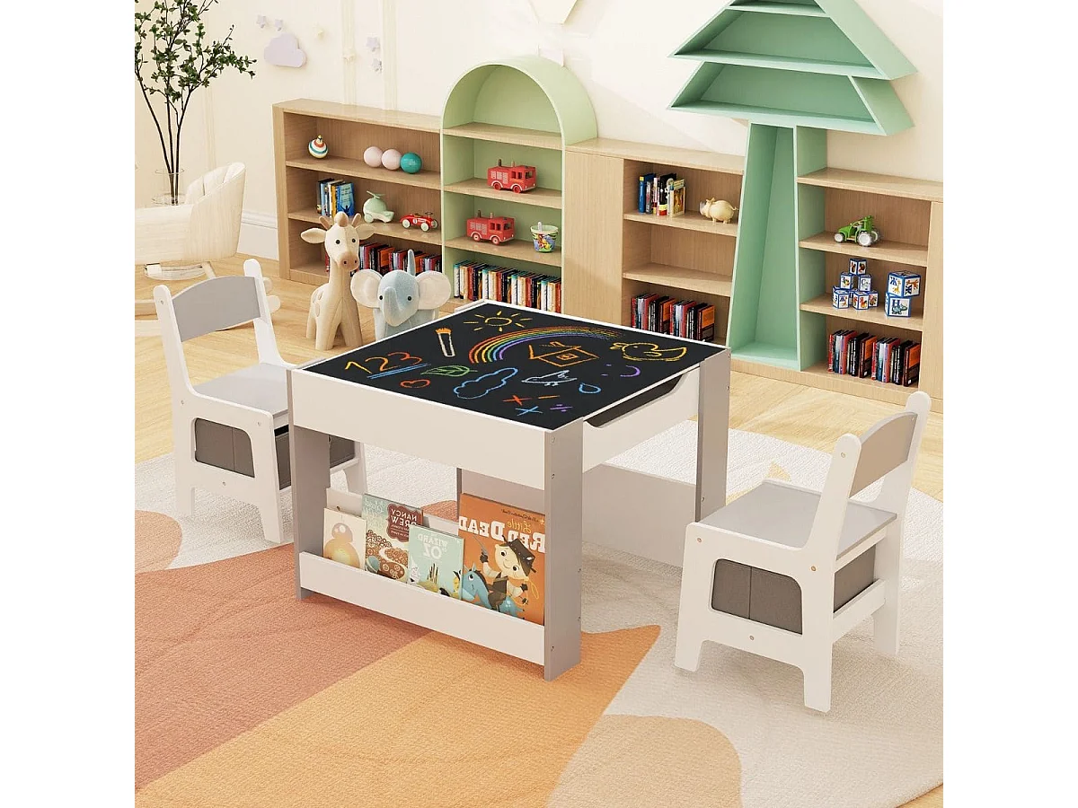 Ensemble de Table et Chaises pour Enfants 3 PCS Table d'Activités 4 en 1 avec Plateau Réversible Étagères à Livres Gris