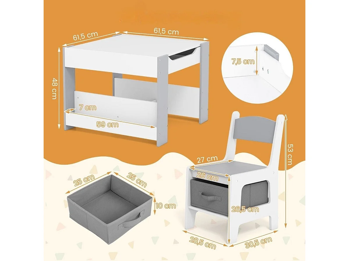 Ensemble de Table et Chaises pour Enfants 3 PCS Table d'Activités 4 en 1 avec Plateau Réversible Étagères à Livres Gris