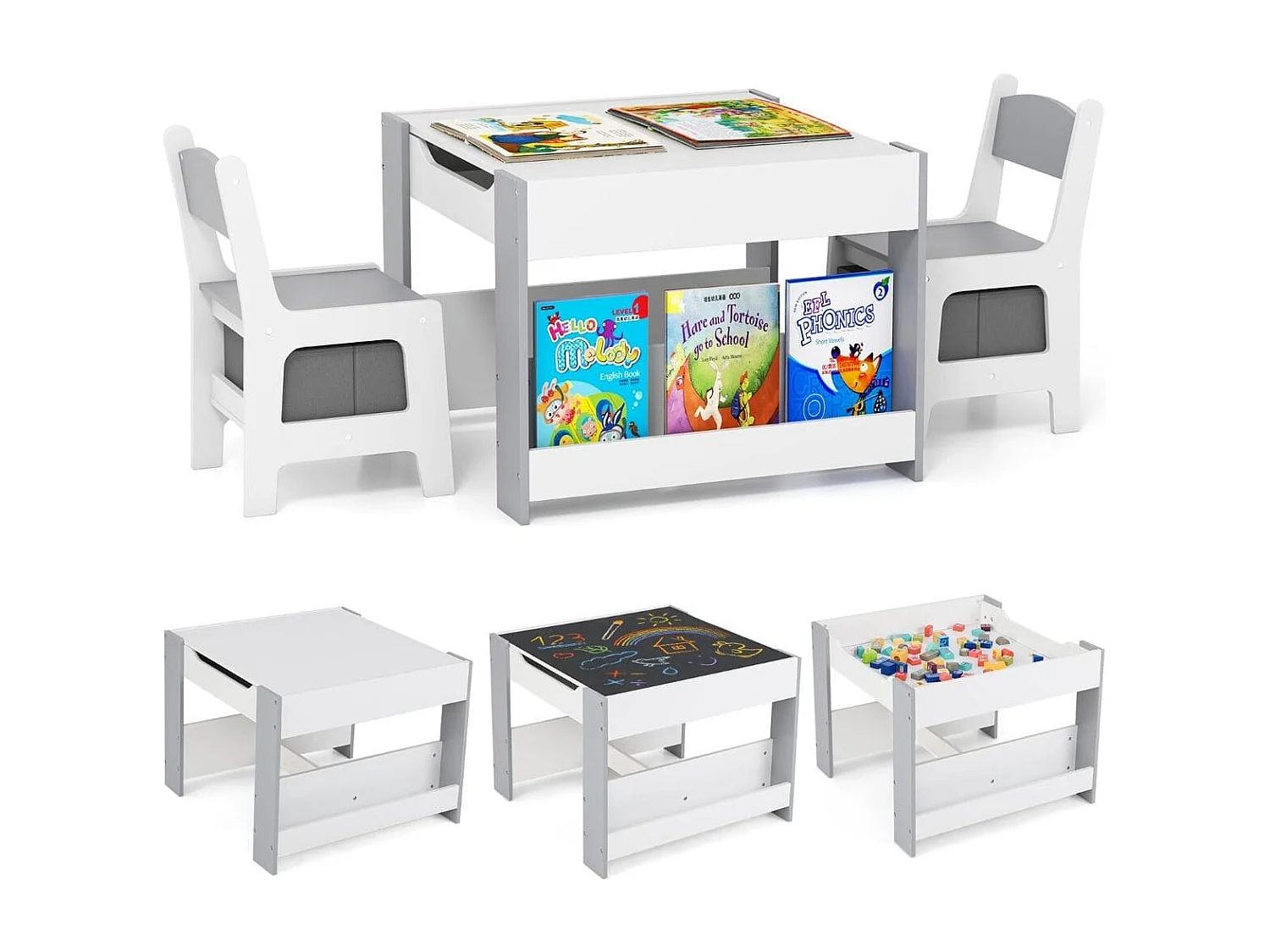 Ensemble de Table et Chaises pour Enfants 3 PCS Table d'Activités 4 en 1 avec Plateau Réversible Étagères à Livres Gris