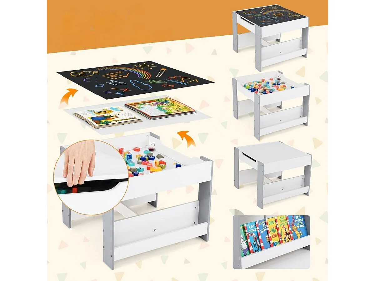 Ensemble de Table et Chaises pour Enfants 3 PCS Table d'Activités 4 en 1 avec Plateau Réversible Étagères à Livres Gris