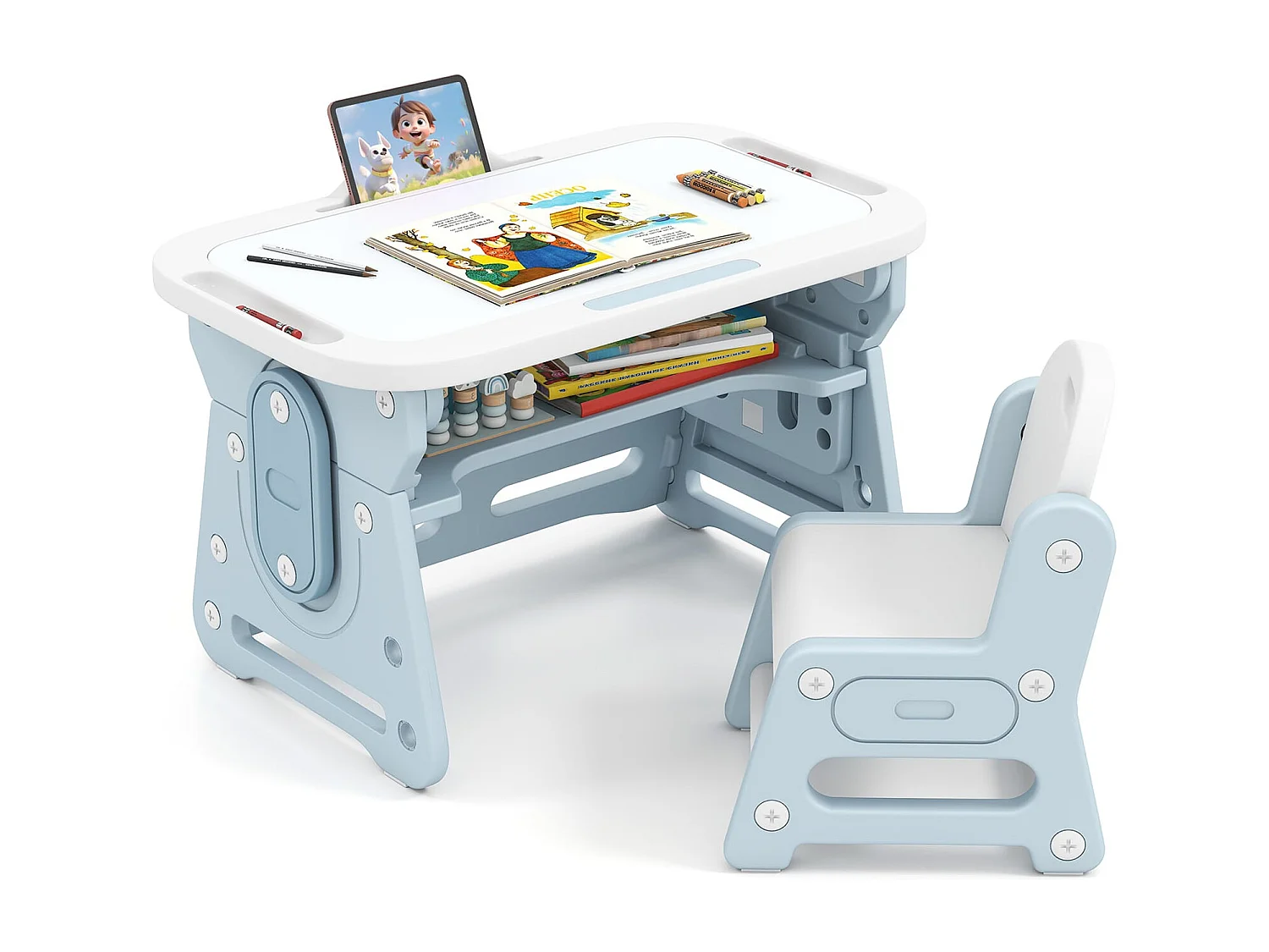 Kindertisch mit Stuhl & Neigbarem Whiteboard Höhenverstellbare Kindersitzgruppe Blau