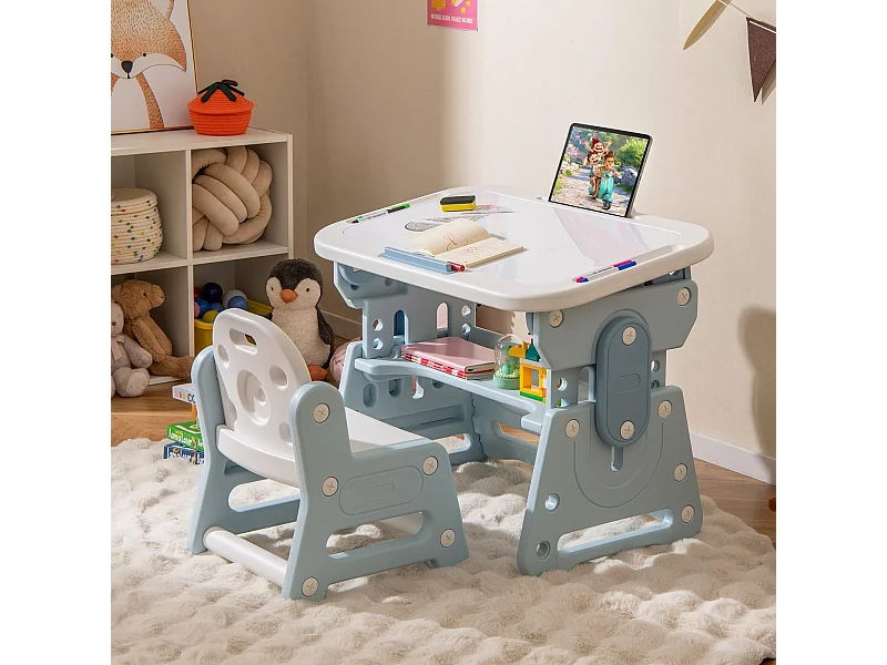 Kindertisch mit Stuhl & Neigbarem Whiteboard Höhenverstellbare Kindersitzgruppe Blau
