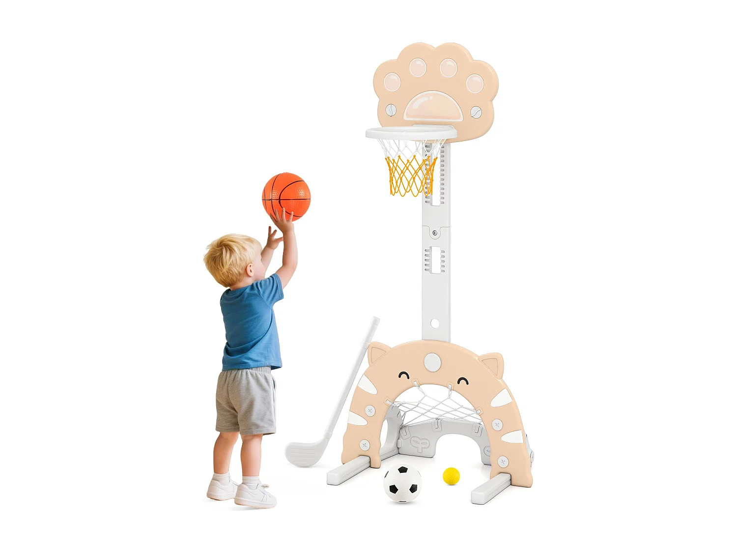 3 en 1 Panier de basket pour enfants Centre sportif pour enfants avec jeu de basket-ball- football & golf Gris + Moka