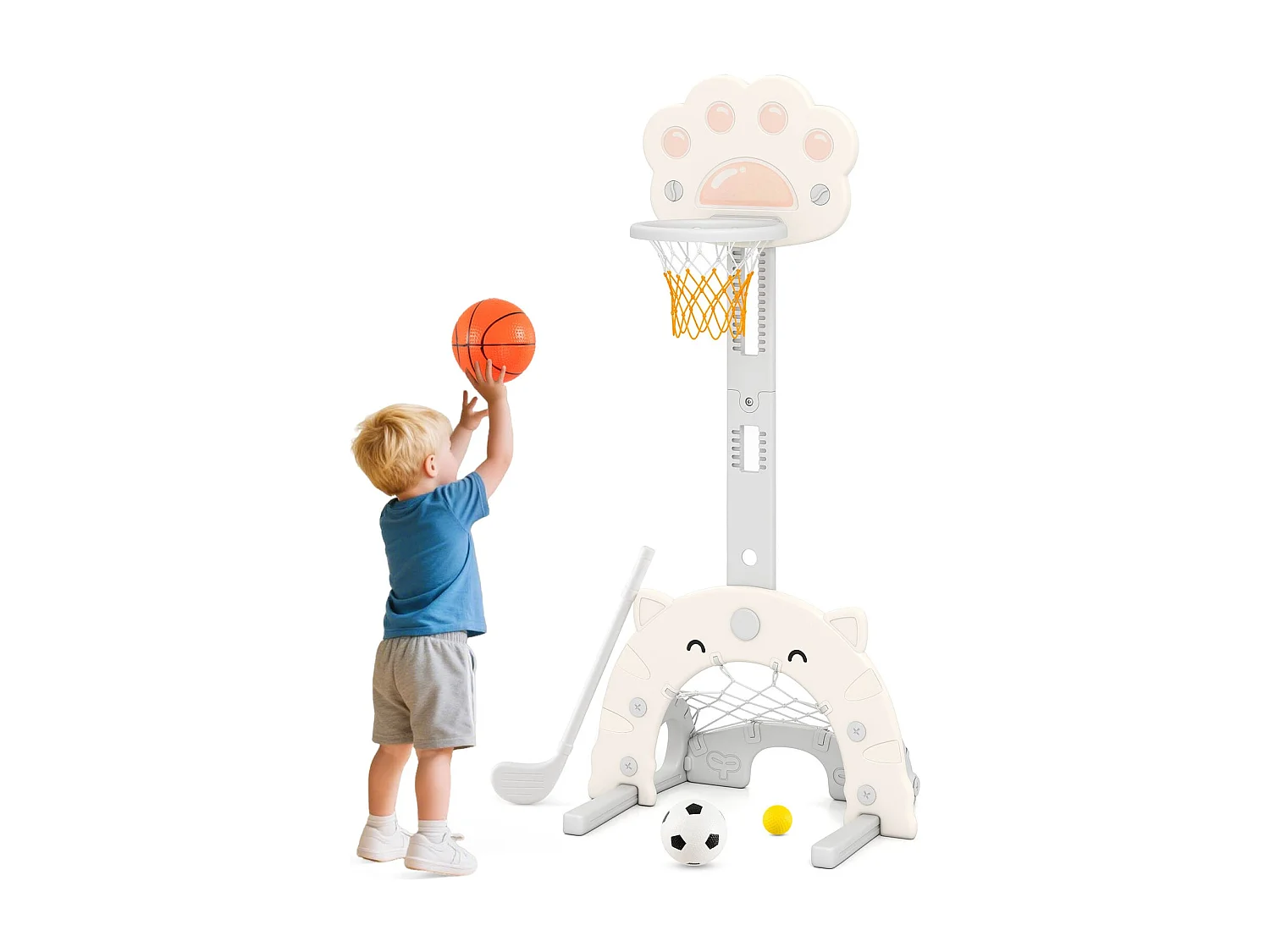 Panier de Basketball 3 en 1 pour Enfants Centre de Sports pour Tout-Petit avec Basketball Football & Golf Hauteur Ajustable Gris Clair