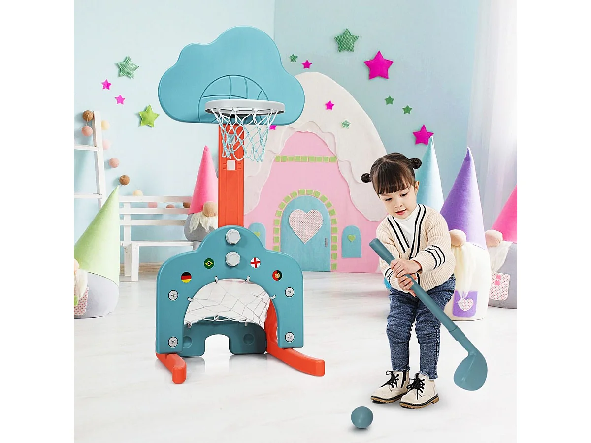 Support de Basket Multifonctionnel 3-en-1 Hauteur Ajustable du Panier de 77 à 116cm Bleu et Rouge