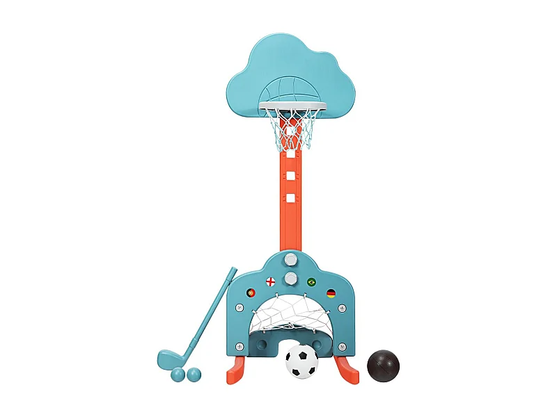 Support de Basket Multifonctionnel 3-en-1 Hauteur Ajustable du Panier de 77 à 116cm Bleu et Rouge