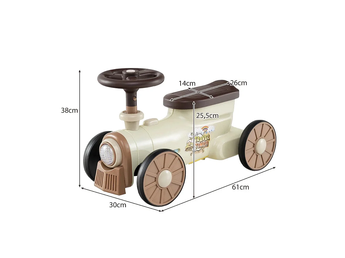 Slide car Slide car med rat og togfløjteknap og opbevaringsplads under sædet Slide children's car 61 x 30 x 38 cm Beige