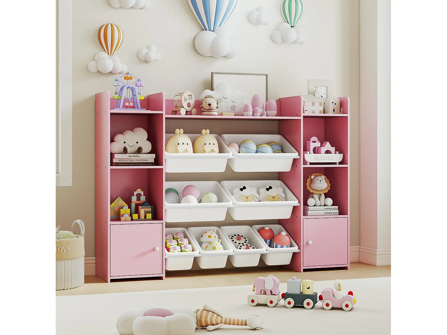 Armadio per giocattoli alto 142 cm Scaffale per bambini a 4 livelli con 8 contenitori estraibili e libreria Rosa
