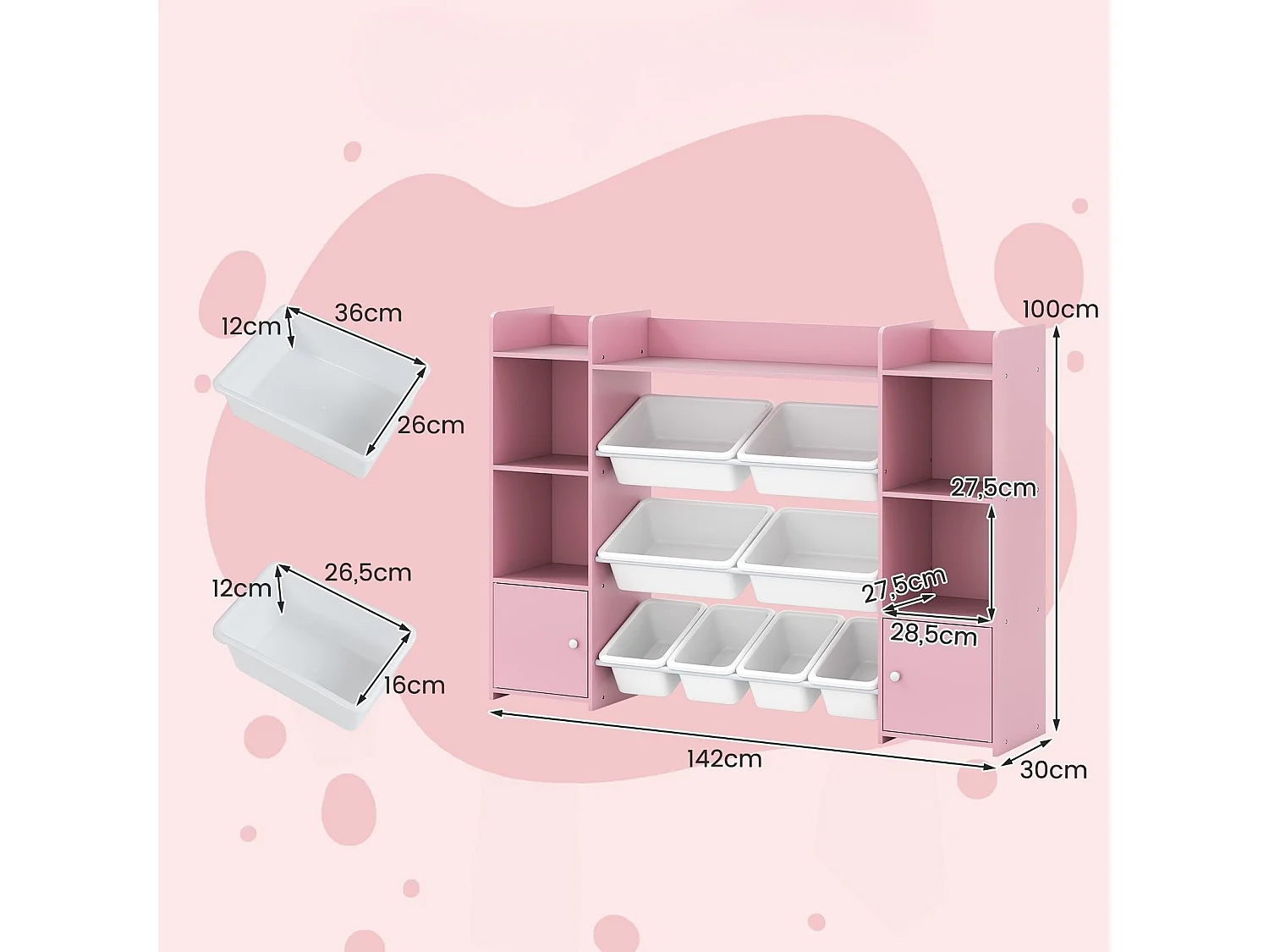 Armadio per giocattoli alto 142 cm Scaffale per bambini a 4 livelli con 8 contenitori estraibili e libreria Rosa