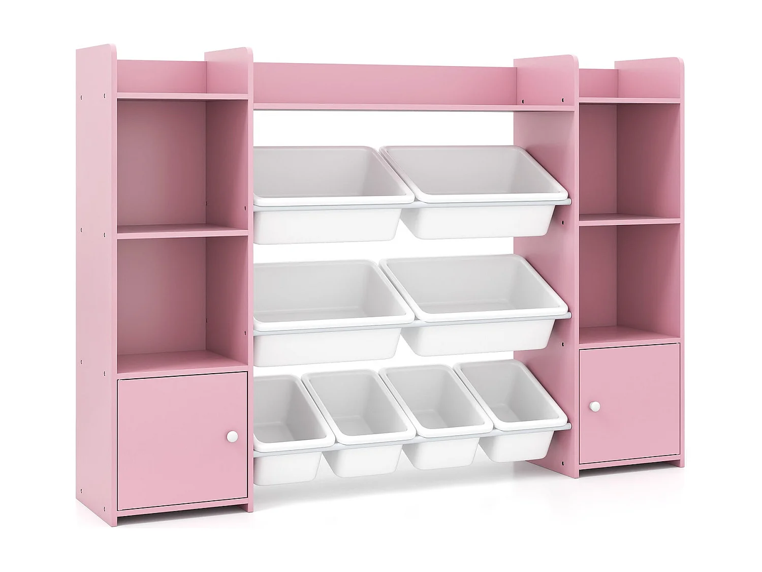 Armadio per giocattoli alto 142 cm Scaffale per bambini a 4 livelli con 8 contenitori estraibili e libreria Rosa