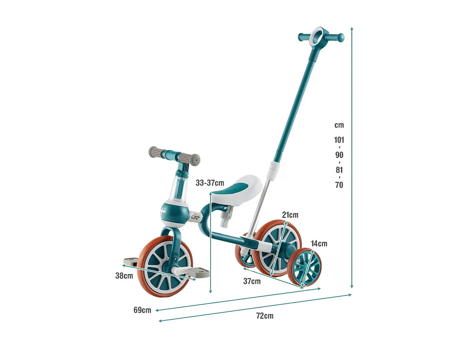 Kinderrad 4-in-1-Vorschulrad mit Eltern-Schiebegriff 37 x 72 x 101 cm Grün