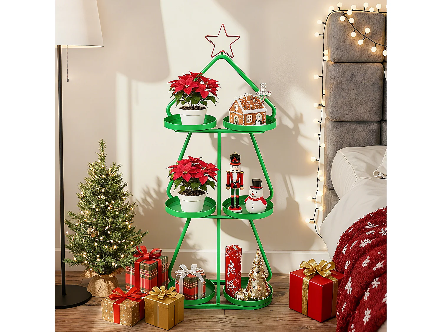 Support pour plantes en métal à 3 niveaux en forme de sapin de Noël Étagère à fleurs