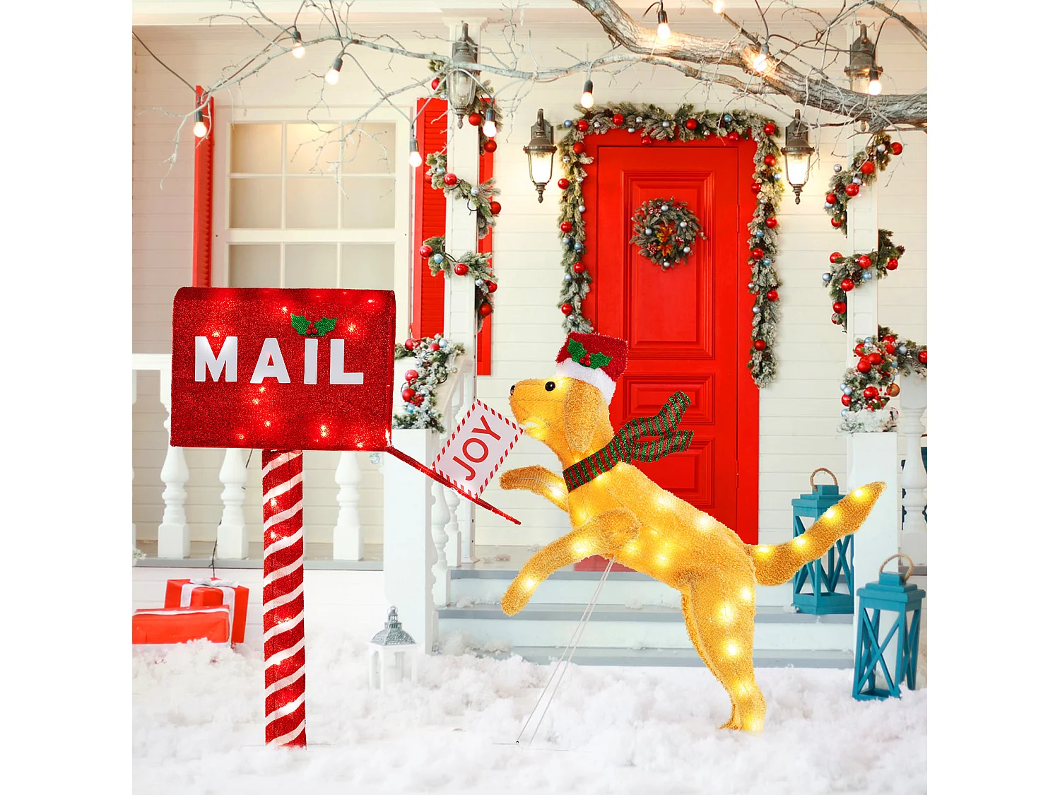 Cassetta postale natalizia e cane con 120 luci LED bianco caldo, Decorazione festiva pre-illuminata con fascette