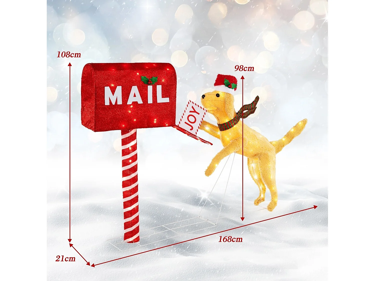 Cassetta postale natalizia e cane con 120 luci LED bianco caldo, Decorazione festiva pre-illuminata con fascette