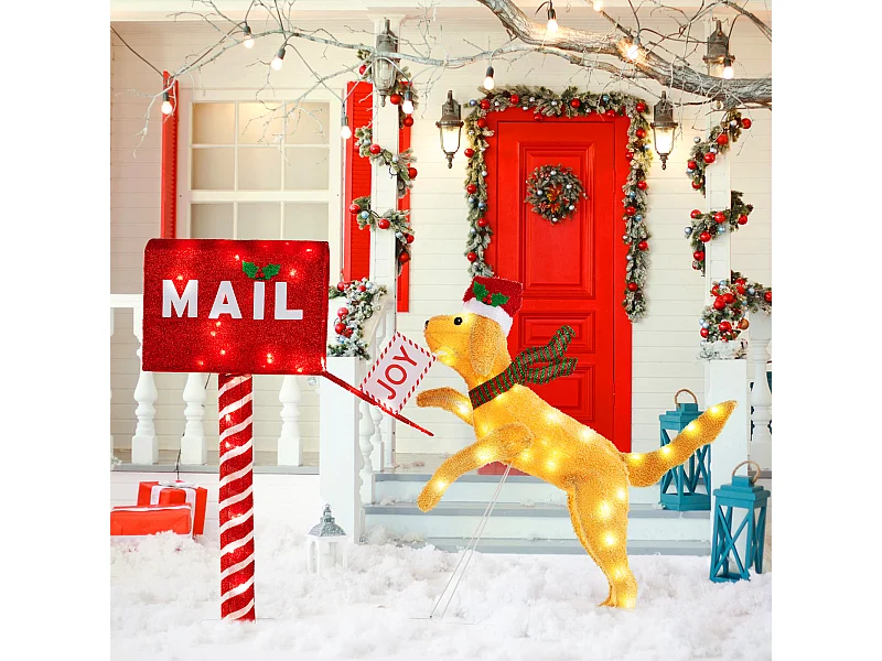 Cassetta postale natalizia e cane con 120 luci LED bianco caldo, Decorazione festiva pre-illuminata con fascette