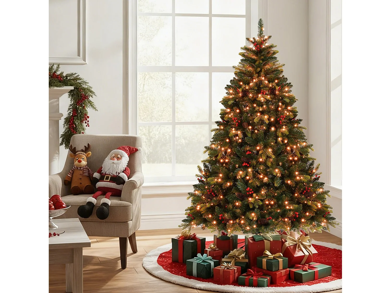 Arbre de Noël Artificiel Pré-éclairé avec Télécommande Lumières RGB Multicolores Branches en PE&PVC Modes Scintillants Branches à Charnières