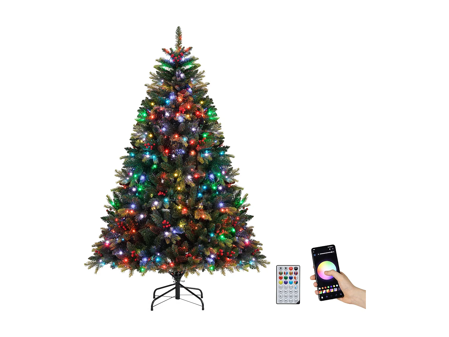 Arbre de Noël Artificiel Pré-éclairé avec Télécommande Lumières RGB Multicolores Branches en PE&PVC Modes Scintillants Branches à Charnières