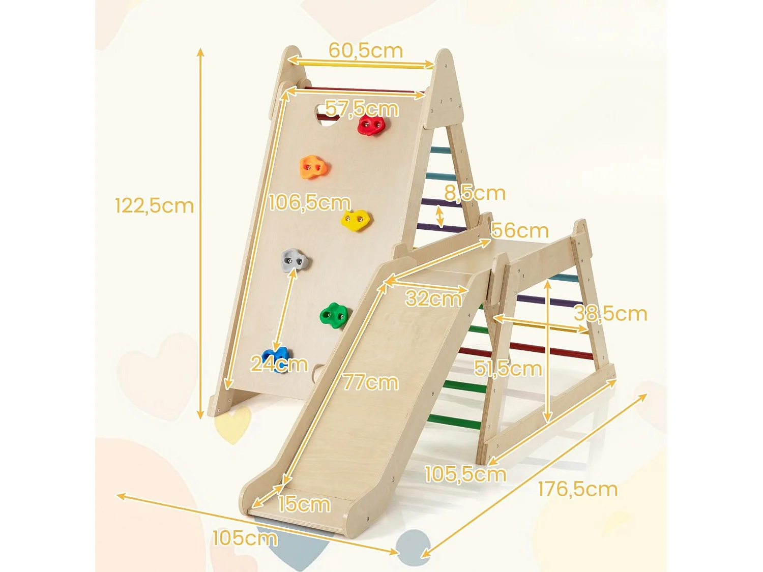 Palestra jungle 3 in 1 parco giochi interno per bambini con scivolo esteso, Palestra scaletta in legno e struttura da gioco
