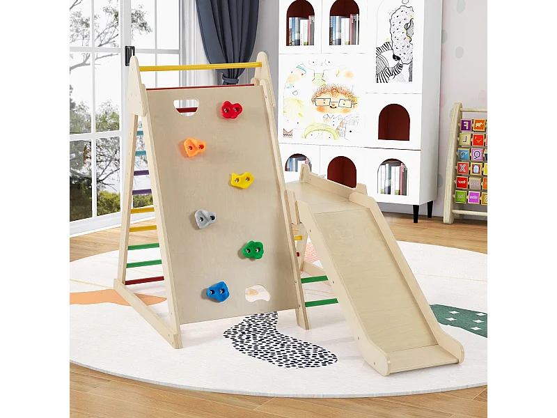 Structure d'Escalade 3 en 1 Aire de Jeux Intérieure pour Tout-Petits avec Toboggan Prolongé Escalade de Rochers pour de 3+ Ans Coloré