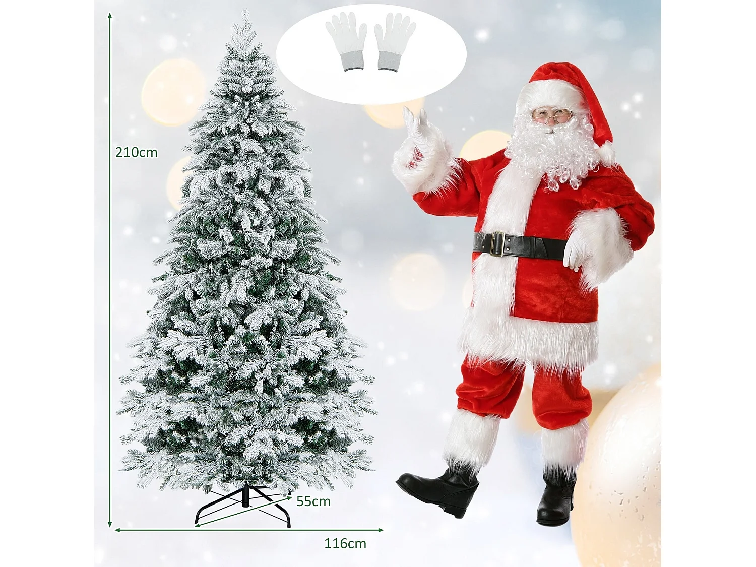 210 cm Künstlicher Weihnachtsbaum mit Beleuchtung und Schnee Tannenbaum mit 300 warmweißen LED-Lichtern