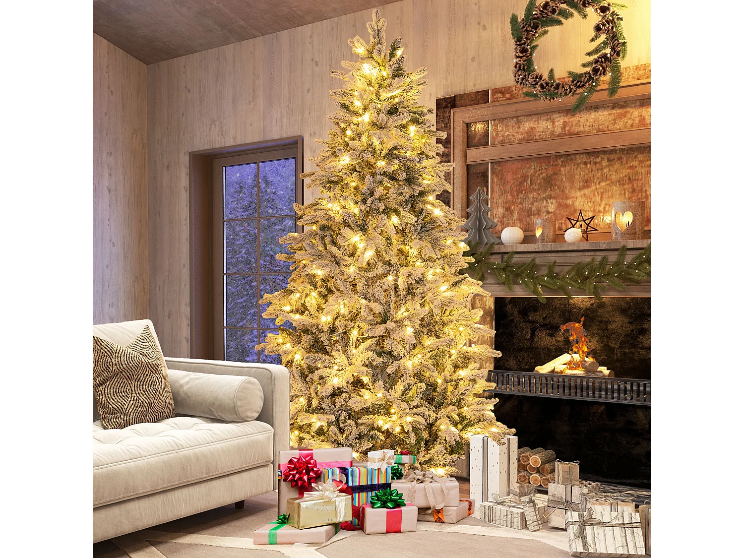 210 cm Künstlicher Weihnachtsbaum mit Beleuchtung und Schnee Tannenbaum mit 300 warmweißen LED-Lichtern