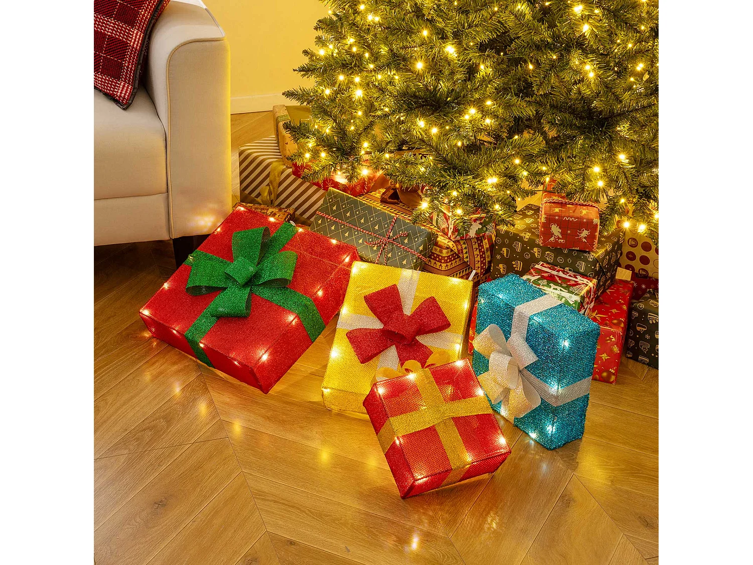 Set di 4 scatole natalizie illuminate con 4 fascette 2 picchetti a forma di L e luce bianca calda, Scatole regalo di natale a LED