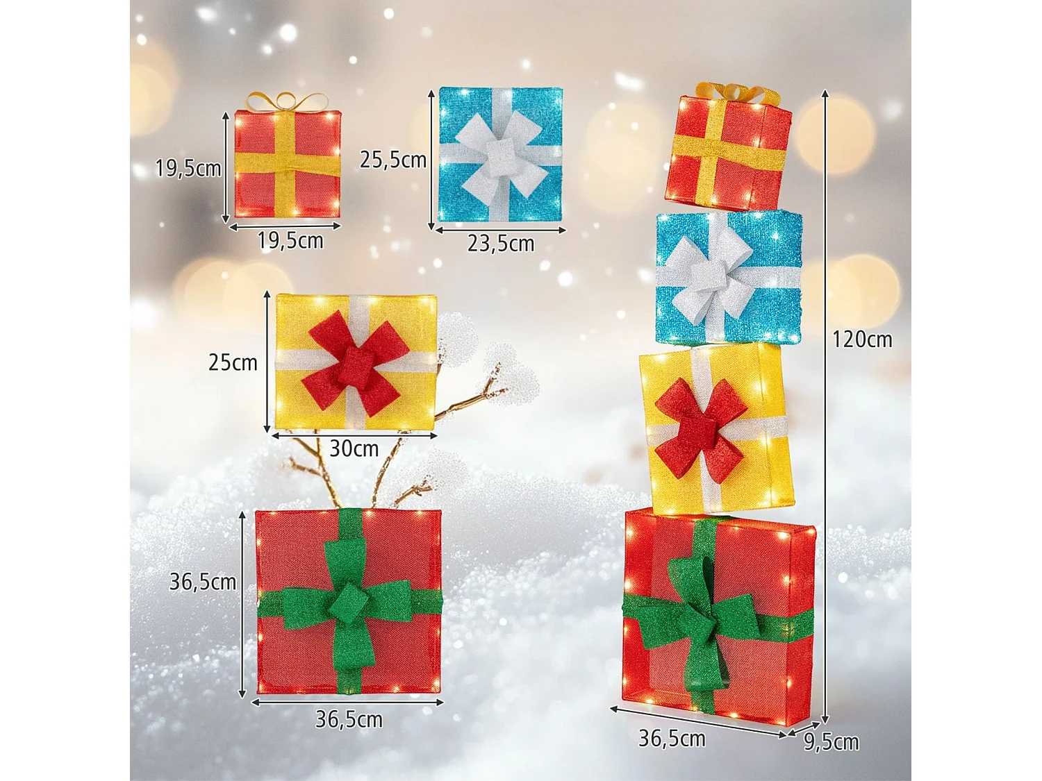 Set di 4 scatole natalizie illuminate con 4 fascette 2 picchetti a forma di L e luce bianca calda, Scatole regalo di natale a LED