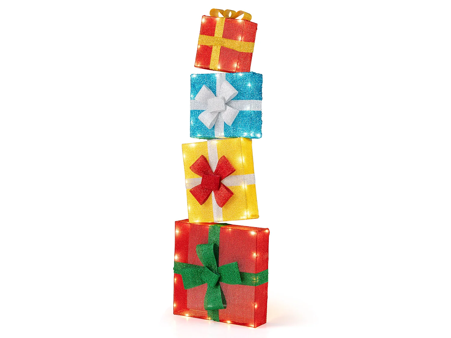 Boîtes-cadeaux Lumineuses pour Décoration de Noël Ensemble 2d de 4 Boîtes Empilées Pré-éclairées de 4 Pieds avec LED et Nœuds Multicolore