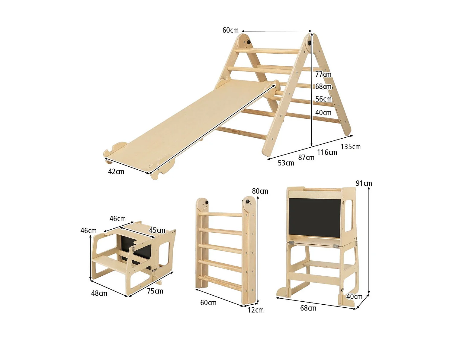 7 in 1 Kletterdreieck mit Rutsche Klettergerüst für Kinder ab 3 Jahren Tritthocker Kreidetafel Natur