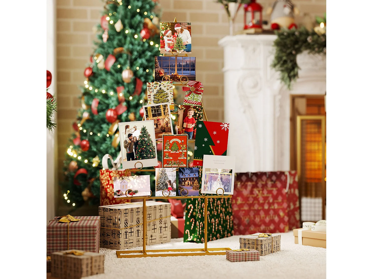 Lot de 2 porte-cartes Porte-photos Arbre de Noël avec 36 pinces rondes Étagères métalliques à suspendre Porte-cartes décoratif