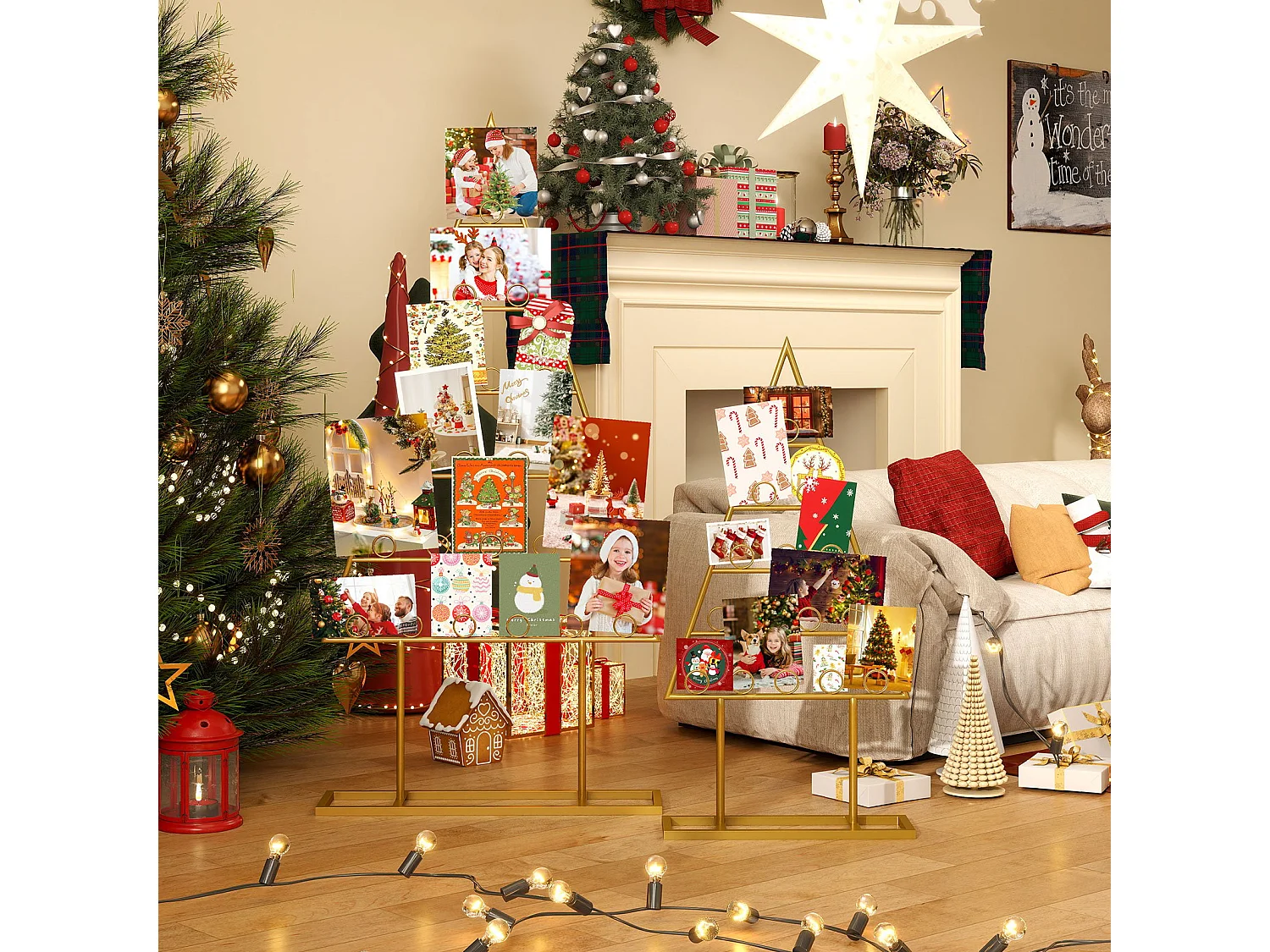 Lot de 2 porte-cartes Porte-photos Arbre de Noël avec 36 pinces rondes Étagères métalliques à suspendre Porte-cartes décoratif